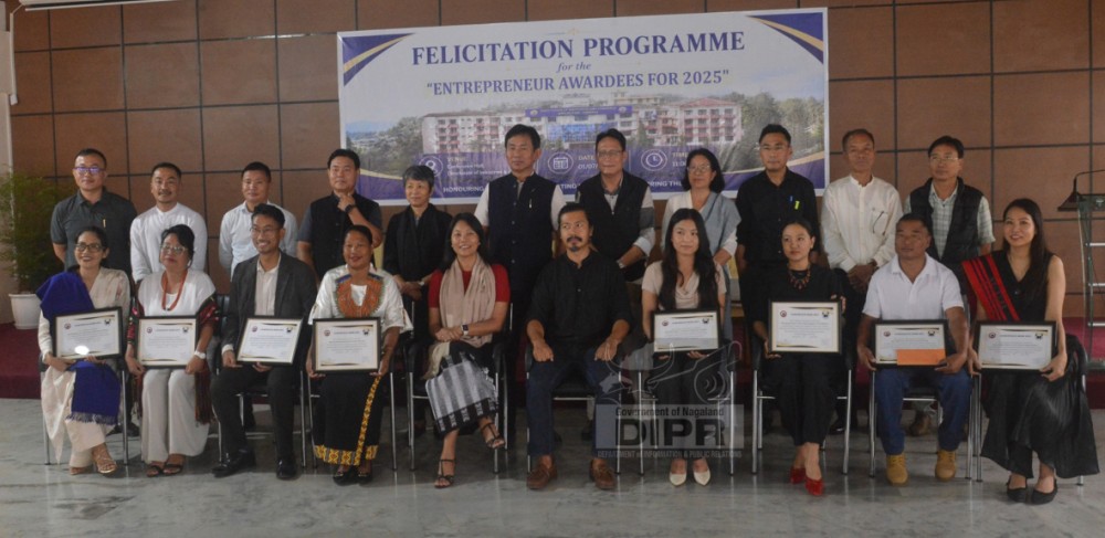 DIC Advisor, Hekani Jakhalu with officials and Awardees at the Entrepreneur Award 2025 at Kohima on July 1. (DIPR Photo)